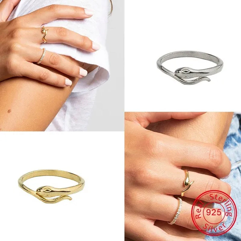 925 Sterling Silver Small Snake Open Rings Women Female's Animal Adjustable Rings Girls' Gold Color Simple Wedding Jewelry