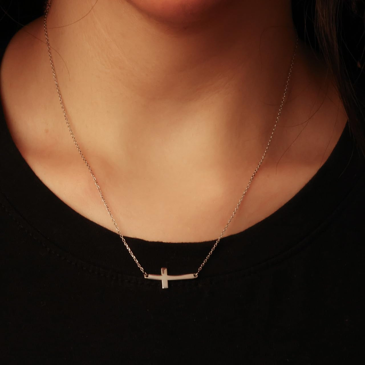 .925 Sterling Silver Sideways Horizontal Curved Cross Bar Style Necklace