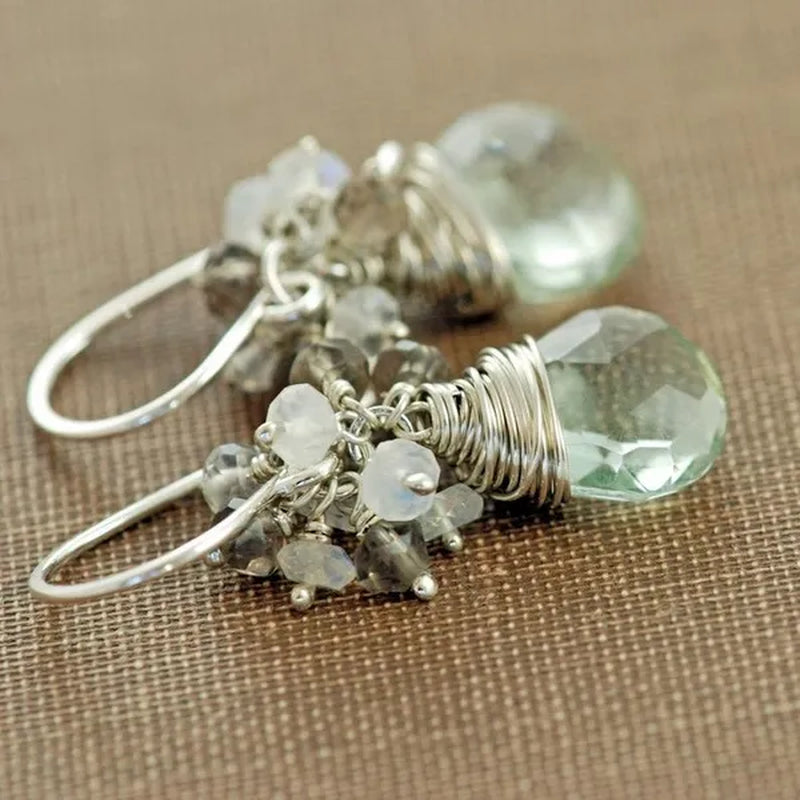 Sterling Silver Gemstone Cluster Earrings, Green Amethyst Moonstone Smoky Quartz, Handmade Earrings, - WORLD TIME VISITS