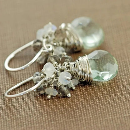 Sterling Silver Gemstone Cluster Earrings, Green Amethyst Moonstone Smoky Quartz, Handmade Earrings, - WORLD TIME VISITS