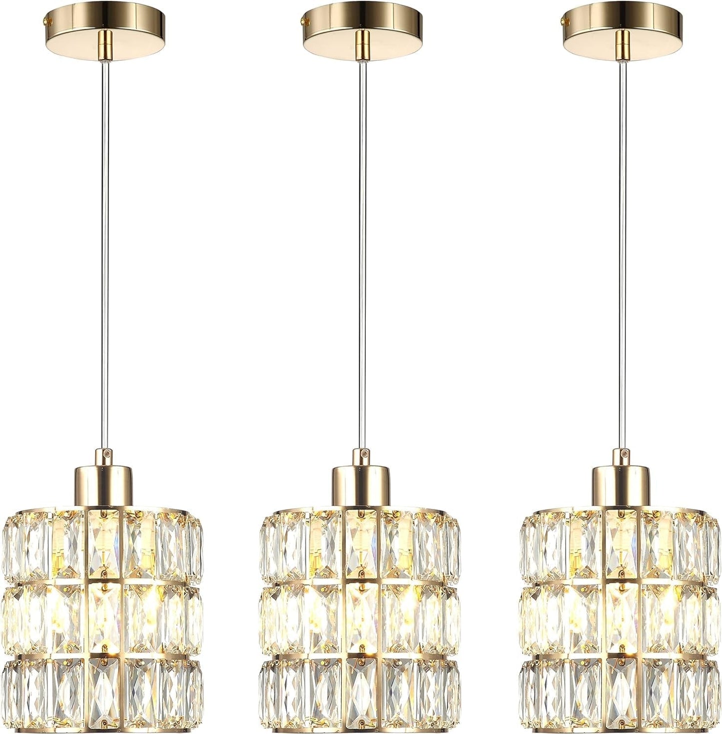 Gold Crystal Pendant Light, Pendant Lights Kitchen Island 3 Pack, Adjustable Modern Pendant Light, Hanging Light Fixtures for Dining Room Entryway Living Room Bar