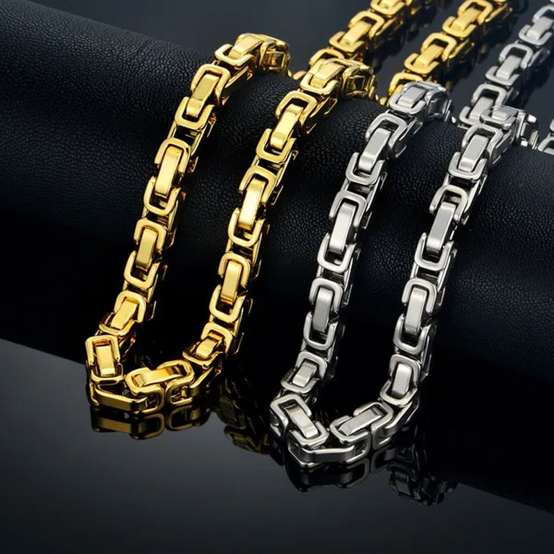 Vintage Silver 18K Gold Plated Chunky Men Titanium Stainless Steel Byzantine Box Necklace Chain XL827