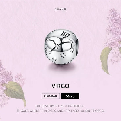 European Hot 12 Constellation Zodiac round 925 Sterling Silver Beads Charm for Women Bracelet Shining CZ Charm Fit Original Bangle Necklace DIY Jewelry Making