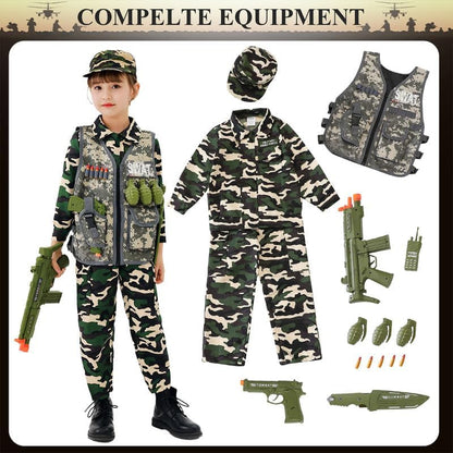 Army Uniform Cosplay Costume Soldier Outfits with Clothes, Tatical Vest and Other Toys Acessories for Kids