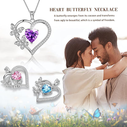 Heart Butterfly Pendant Necklace - 925 Sterling Silver Birthstone Heart Crystal Necklace Gifts for Women Jewelry Mothers Day Valentines Birthday Gifts for Girls