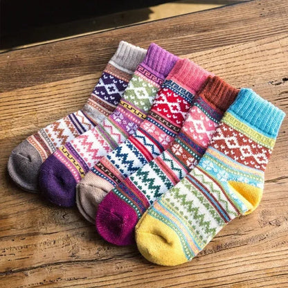 5Pairs Winter Knitting Cashmere Warm Cotton Soft Thicken Women Men Socks  Assorted Patterns Wool Sock For Men and Women