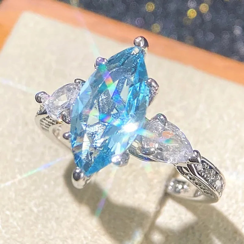 Exquisite Marquise Cut Sea Blue Sapphire 925 Sterling Silver Aquamarine Gemstone Rings for Women Bridal Wedding Ring Jewelry
