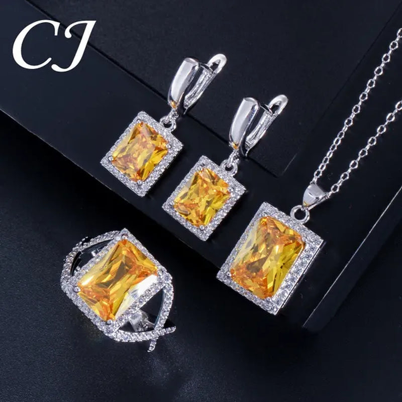 CANDICE Top Grade Bright Square Yellow Pave Sterling Silver Pendant Necklace Earrings and Ring with Tiny CZ Stone Jewelry 3 Pcs Sets for Women Dress Accessories