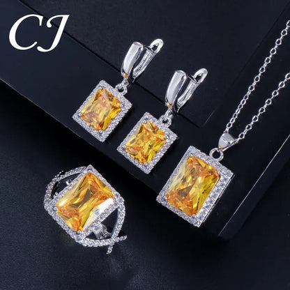 CANDICE Top Grade Bright Square Yellow Pave Sterling Silver Pendant Necklace Earrings and Ring with Tiny CZ Stone Jewelry 3 Pcs Sets for Women Dress Accessories