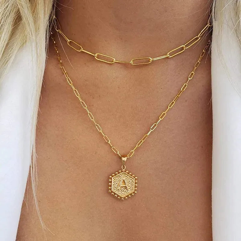 Dainty Layered Initial Necklaces for Women, 14K Gold Plated Paperclip Chain Necklace Simple Cute Hexagon Letter Pendant Initial Choker Necklace Gold Layered Necklaces for Women