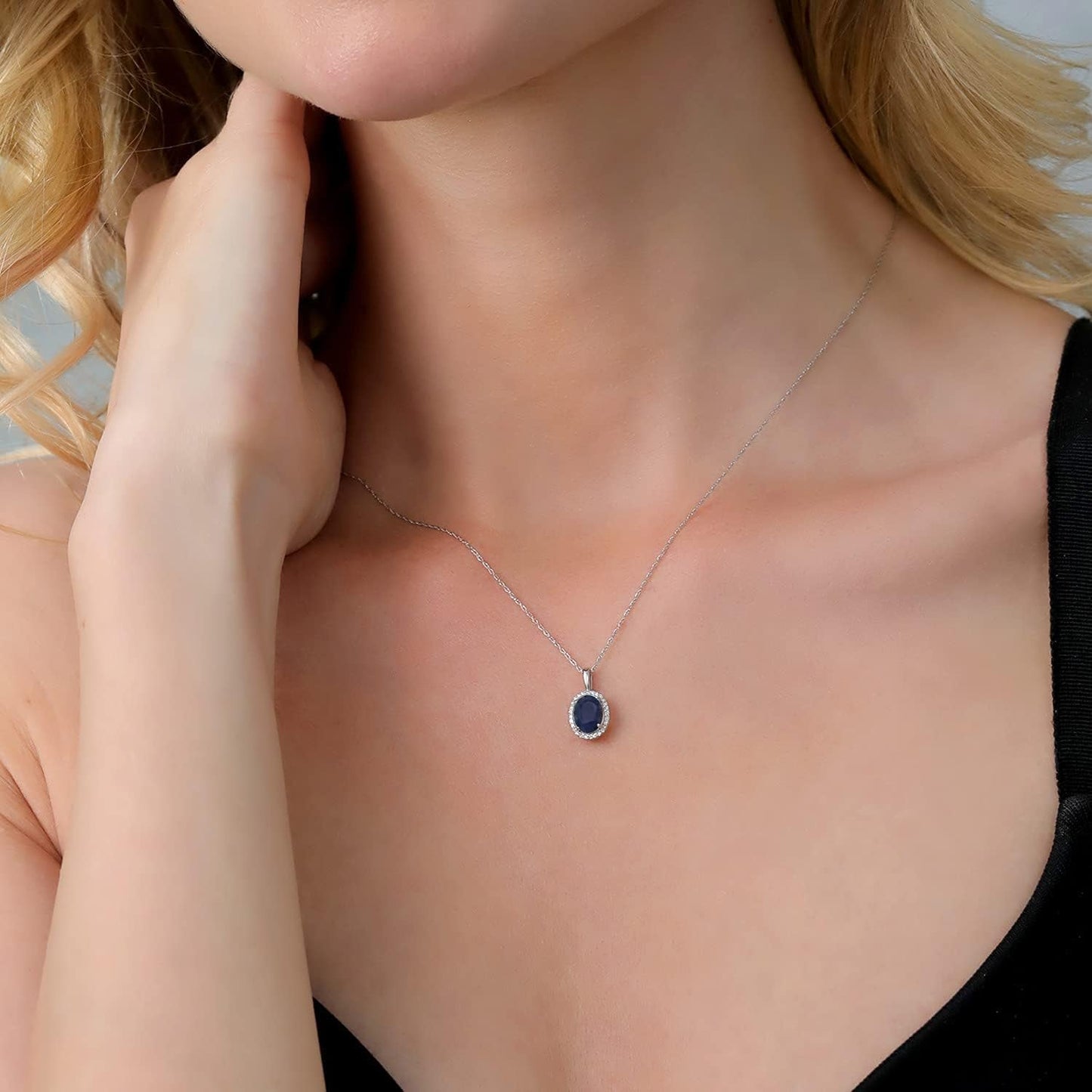 10K White Gold Gemstone Birthstone and White Diamond Necklace | Halo Pendant Necklace for Women | Oval 8X6MM | White Gold Necklace | with 18 Inch Chain