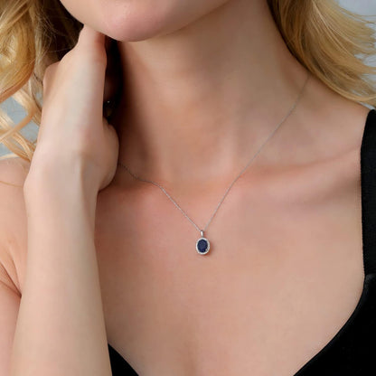 10K White Gold Gemstone Birthstone and White Diamond Necklace | Halo Pendant Necklace for Women | Oval 8X6MM | White Gold Necklace | with 18 Inch Chain