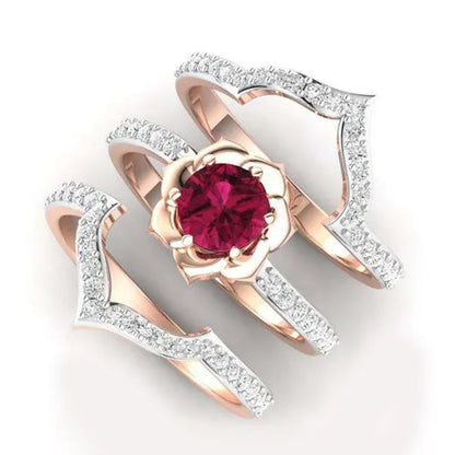 3 Pcs/Set of Exquisite Bridal Wedding Jewelry Rose Petals Inlaid with Red Zircon Ring Gypsophila Zircon Ring Embracing Roses Set Engagement Wedding Ring Birthday Christmas Gift Ring Jewelry Size 5-13