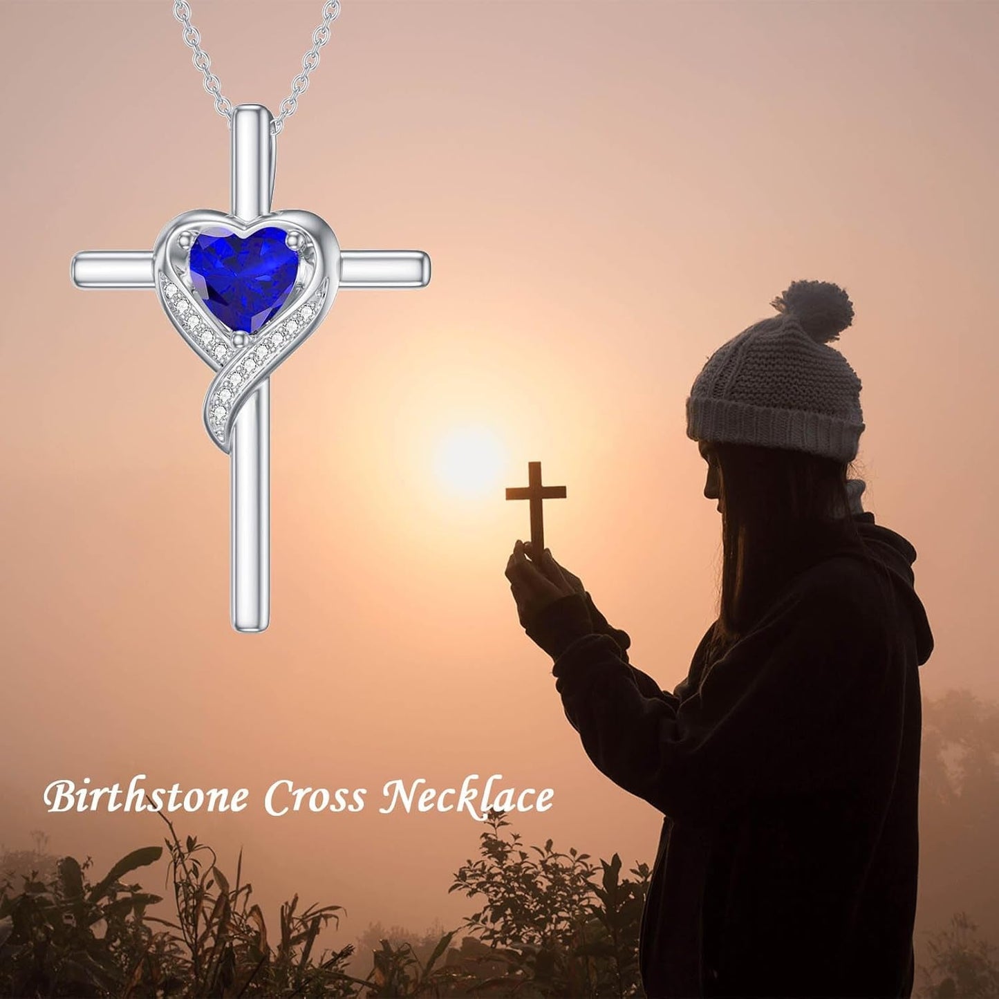 Birthstone Cross Necklace for Women 925 Sterling Silver Heart Cross Pendant Necklace Birthday Mothers Day Jewelry Gifts for Her Mom