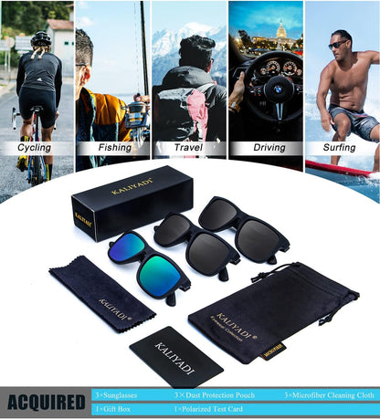 Sunglasses Men Polarized Sun Glasses for Mens Womens Classic Matte Black Frame UV Protection 3Pack
