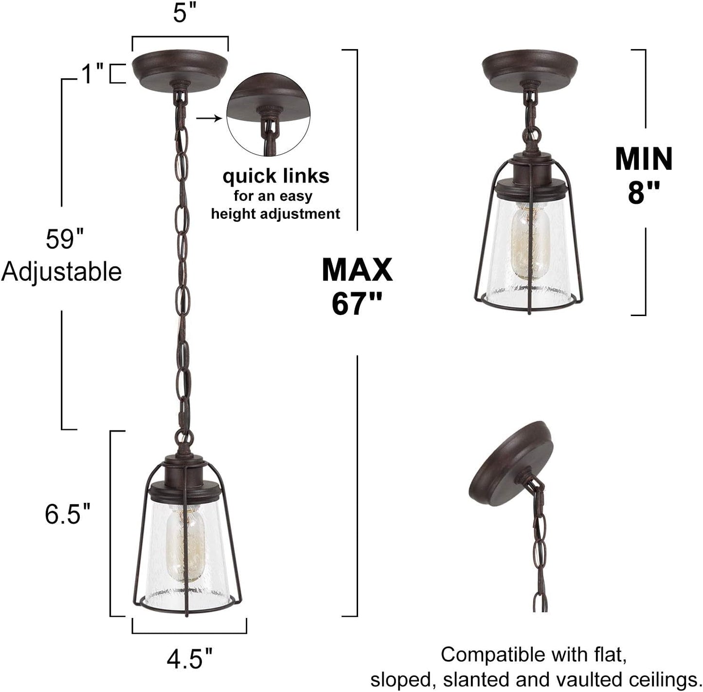 Farmhouse Pendant Lighting, Mini Rustic Hanging Light Fixture with Seeded Glass Shade for Kitchen Island, Foyer, Hallway, Bedroom and Entryway, Bronze