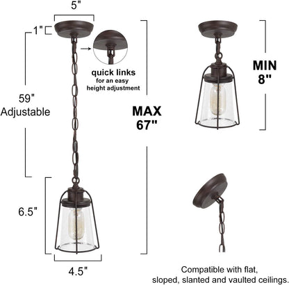 Farmhouse Pendant Lighting, Mini Rustic Hanging Light Fixture with Seeded Glass Shade for Kitchen Island, Foyer, Hallway, Bedroom and Entryway, Bronze