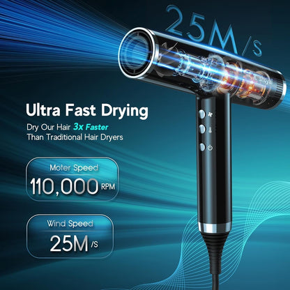 Professional High Speed Hair Dryer, Ionic Hair Dryer 110,000 RPM Brushless Motor for Fast Drying,1600W Low Noise Blow Dryer, Portable Hair Dryer for Travel Home Gift (Black)
