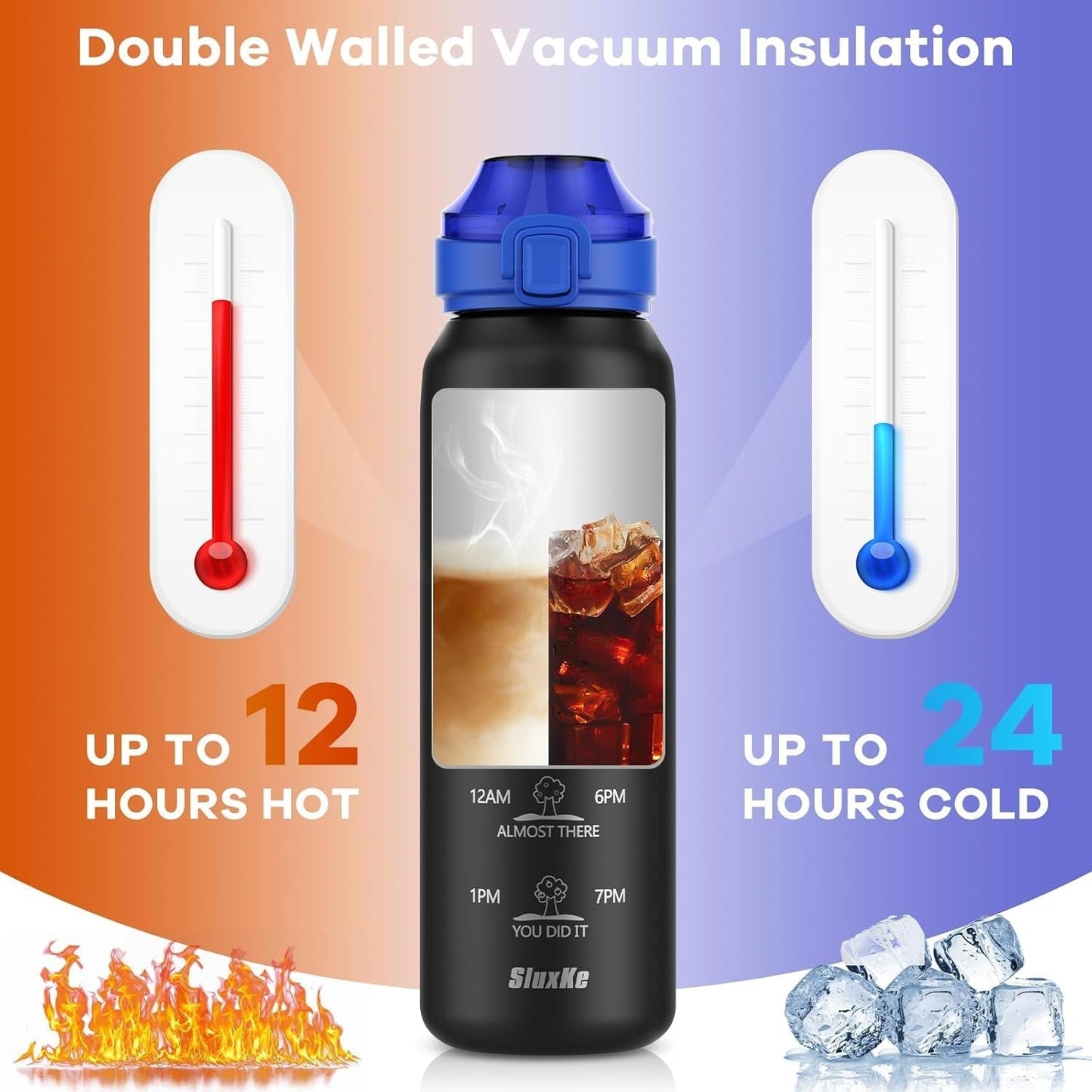316 Stainless Steel Water Bottles 32Oz with Time Marker, 1000Ml Vacuum Insulated Bottle with Handle BPA Free, 1L Metal Water Flask Jug Great for Outdoor Working Camping BLACK