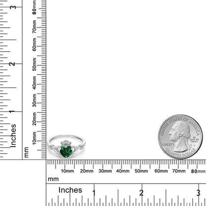 10K White Gold Green Simulated Emerald and White Diamond Irish Celtic Claddagh Ring (0.76 Cttw, Heart Shape 6MM, Available in Size 5, 6, 7, 8, 9)