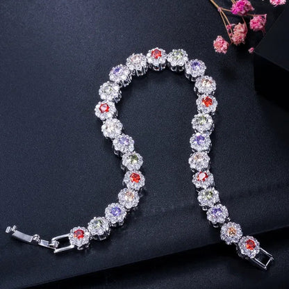 Gloriya Exquisite Silver Plated Fashion Hand Jewelry Pave Twinkling Multi Color Cubic Zirconia Crystal Party Flower Tennis Bracelet for Women (Free Extension)