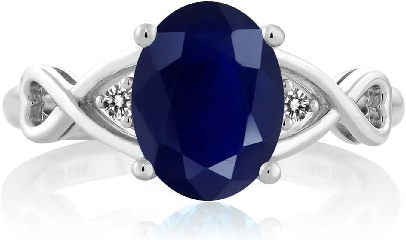 2.56 Cttw Blue Sapphire and White Diamond Engagement Ring for Women | 925 Sterling Silver | Gemstone Birthstone | Available in Size 5, 6, 7, 8, 9