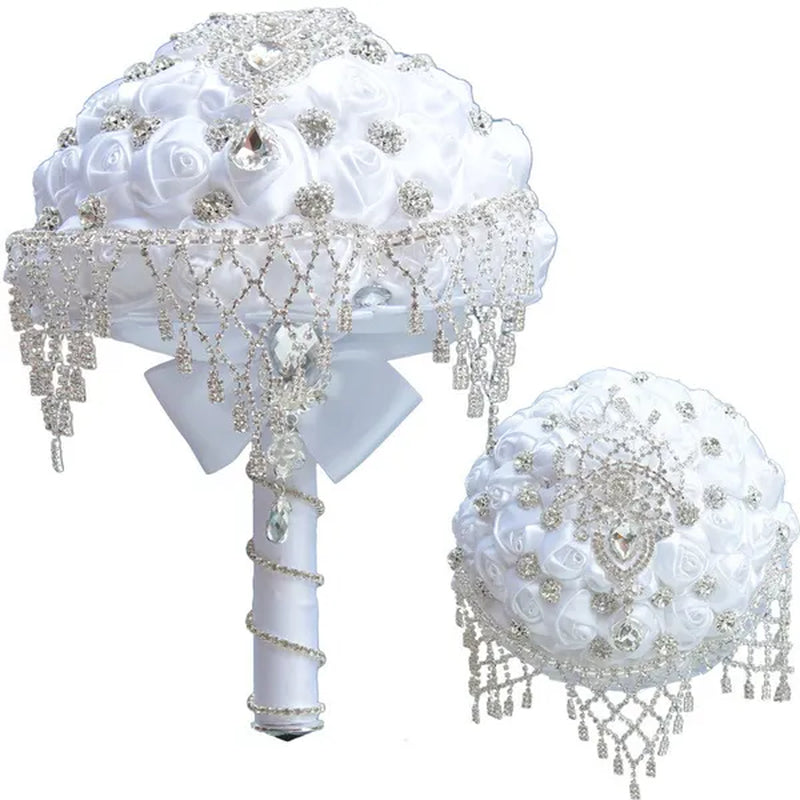 18CM Luxury Crystal Brooch Bridesmaid Bridal Bouquet Rhinestone Tassel White Silk Rose Wedding Flower Bouquet Ribbon Artificial Flower Wedding Supplies