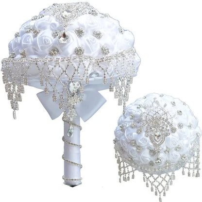 18CM Luxury Crystal Brooch Bridesmaid Bridal Bouquet Rhinestone Tassel White Silk Rose Wedding Flower Bouquet Ribbon Artificial Flower Wedding Supplies