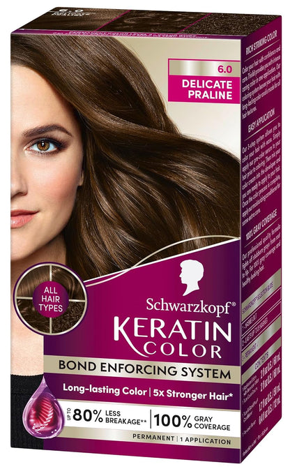 Keratin Permanent Hair Color, 6.0 Delicate Praline, 1 Application - Professionally Inspired Permanent Hair Dye, for up to 80% Less Breakage Vs Untreated Hair and up to 100% Gray Coverage