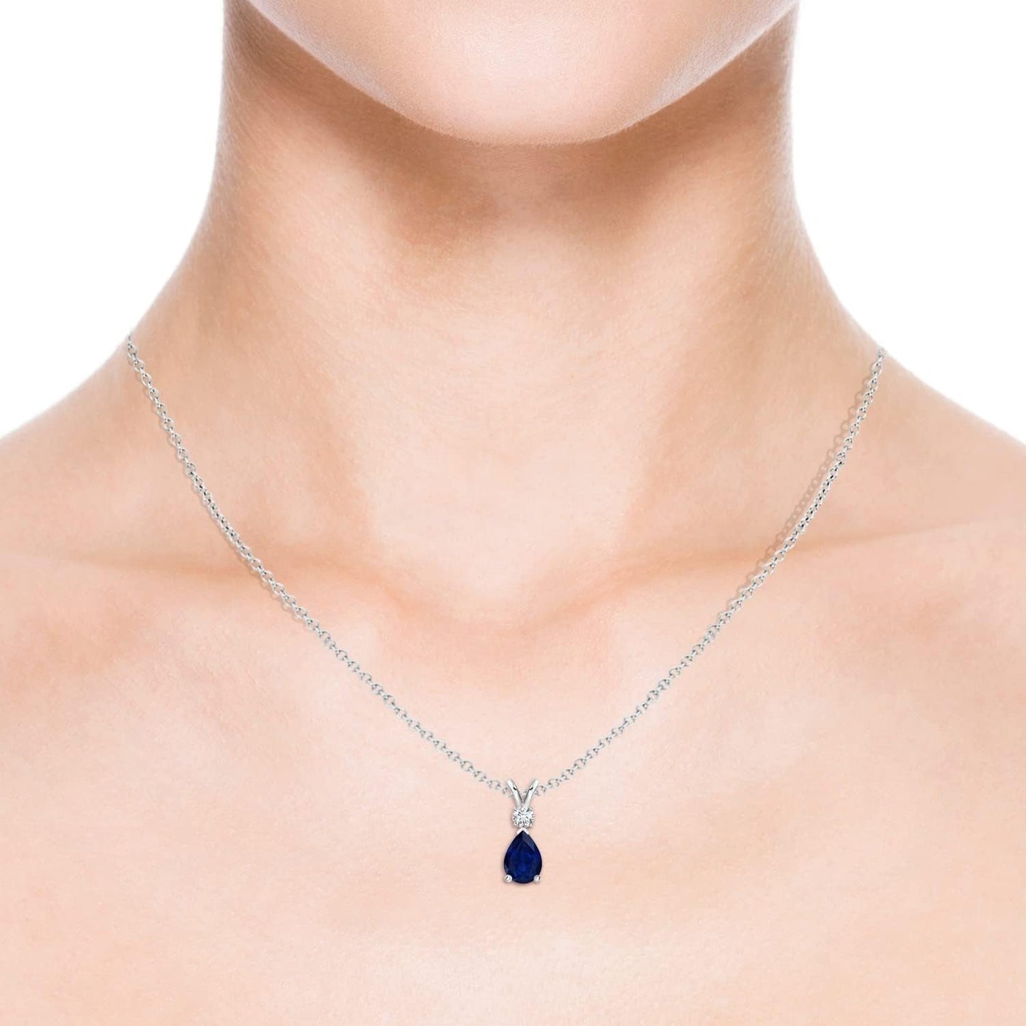 Natural 0.75 Carat Blue Sapphire Teardrop Pendant Necklace for Women with Diamond in 14K White Gold with 18 Inch Chain | September Birthstone Jewelry Gift