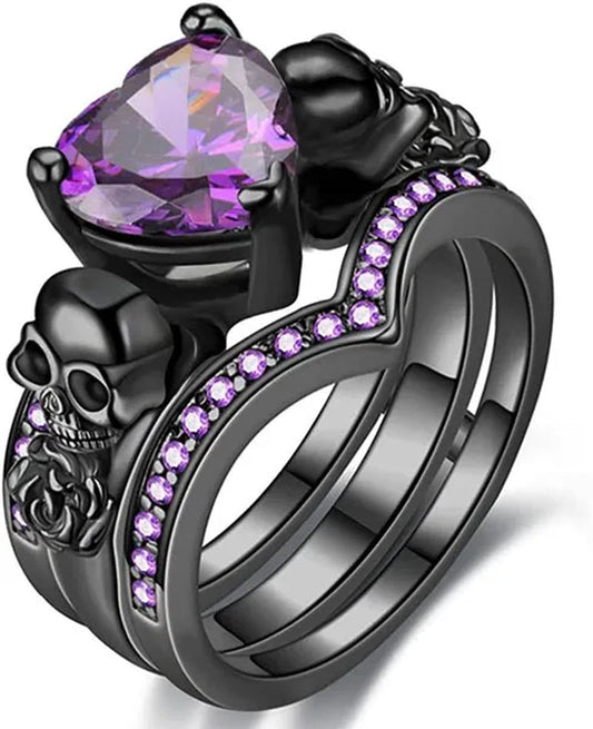 Gothic Skull Black Rings Set Women Rose Flower Red Purple Heart Love Zircon Crystal Christmas Anniversary Jewelry
