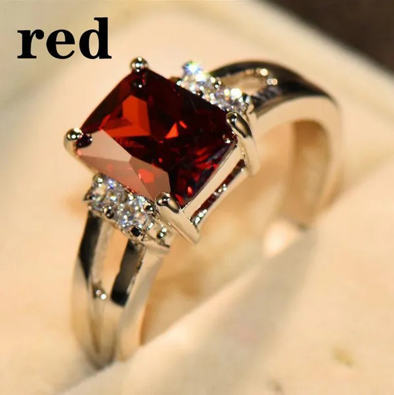 Women 925 Silver Plated Blue Sapphire / Black / Purple / Red CZ Wedding Ring Size 6-10  (Choice Color and Size)