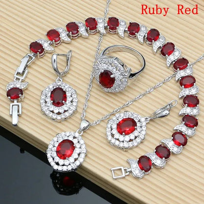 Oval 925 Silver Party Jewelry Sets blue sapphire White CZ Earrings Pendant Necklace Rings Bracelet Gift For Women