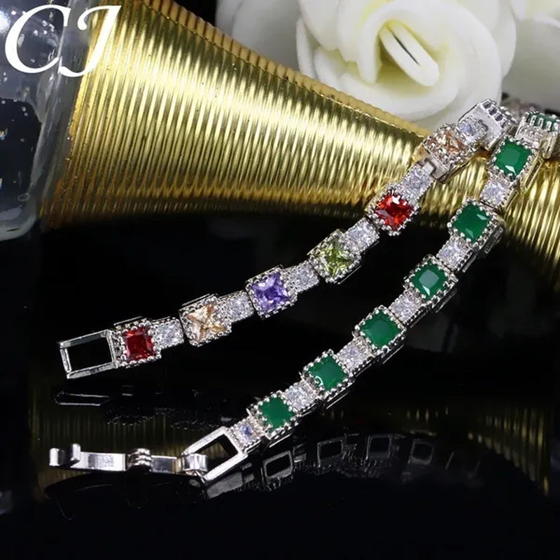 CANDICE Brilliant Square Multicolor Cubic Zirconia Crystal Pave Sterling Silver Plated Fashion Tennis Bracelet for Women Summer Jewelry