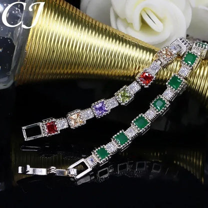 CANDICE Brilliant Square Multicolor Cubic Zirconia Crystal Pave Sterling Silver Plated Fashion Tennis Bracelet for Women Summer Jewelry