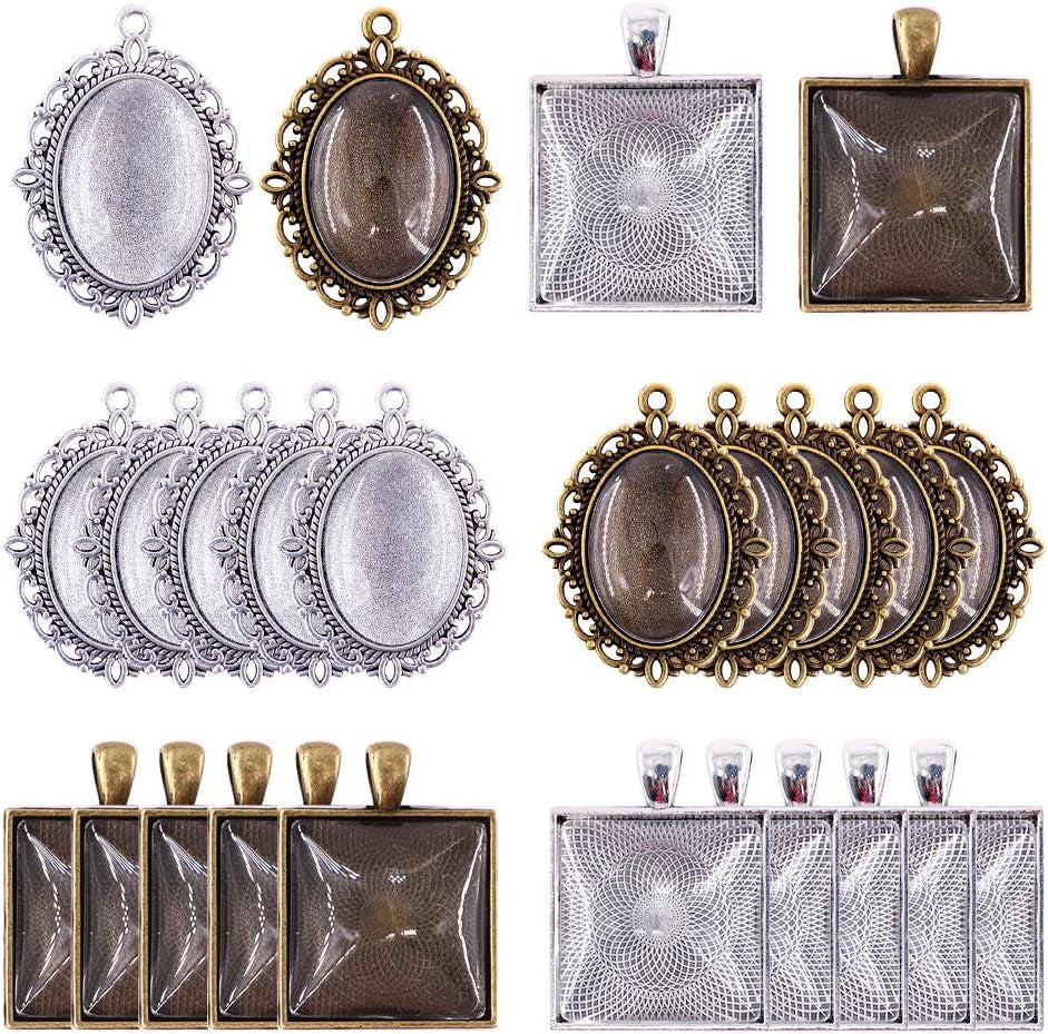 48-Pieces Oval and Square Pendant Trays with Glass Cabochon Dome Tiles Clear Cameo for Crafting DIY Jewelry Making, 24 Sets - WORLD TIME VISITS