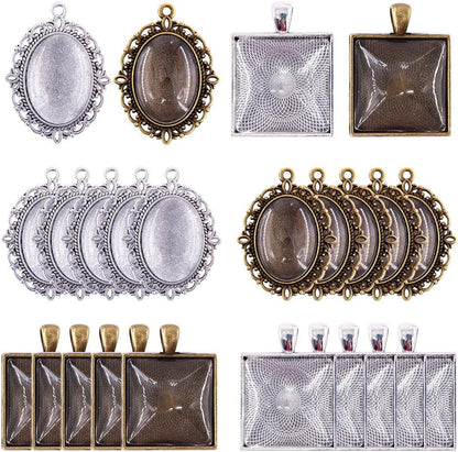 48-Pieces Oval and Square Pendant Trays with Glass Cabochon Dome Tiles Clear Cameo for Crafting DIY Jewelry Making, 24 Sets - WORLD TIME VISITS