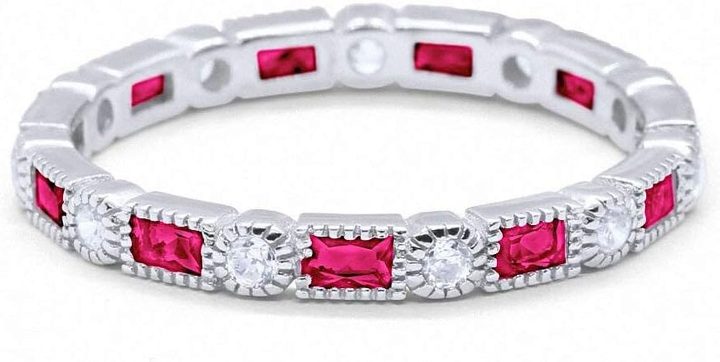3Mm Art Deco Full Eternity Wedding Band Baguette round Cubic Zirconia 925 Sterling Silver Choose Color