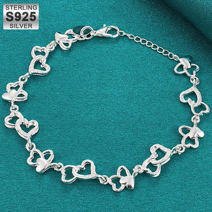 925 Sterling Silver Heart To Heart Chain Bracelet for Women Wedding Engagement Party Jewelry