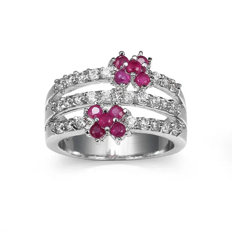Fashion Women 925 Sterling Silver Red Ruby & White Topaz Branch Ring Bridal Wedding Jewelry