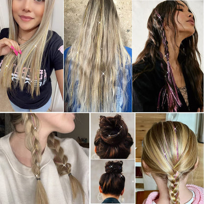 23.6Inch Clip in Hair Tinsel Kit, Silver Hair Tinsel Heat Resistant Fairy Hair Tinsel Clip in Glitter Hair Extensions, Tinsel Hair Sparkles Festival Hair Accessories for Women Girls (Silver)