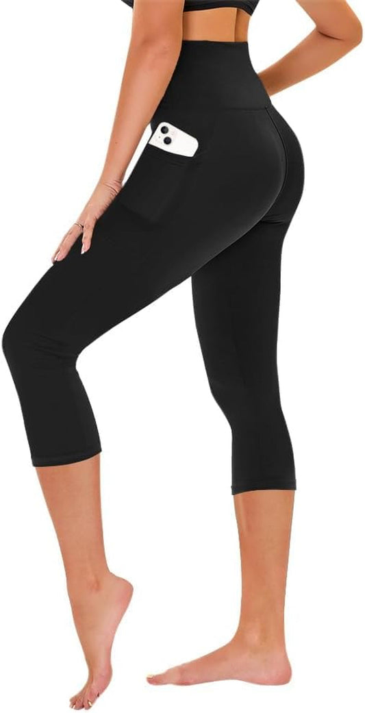Capri Leggings for Women - Tummy Control Black Leggings with Pockets High Waisted Yoga Pants Workout Cycling Leggings
