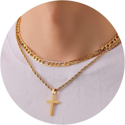 Layered Cross Necklace with Chain for Men Boys, Stainless Steel Cross Pendant Figaro Link Rope Chain 16-24 Inch Christian Religious Chriatmas Jewelry Gifts
