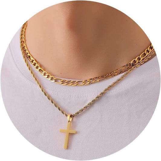 Layered Cross Necklace with Chain for Men Boys, Stainless Steel Cross Pendant Figaro Link Rope Chain 16-24 Inch Christian Religious Chriatmas Jewelry Gifts