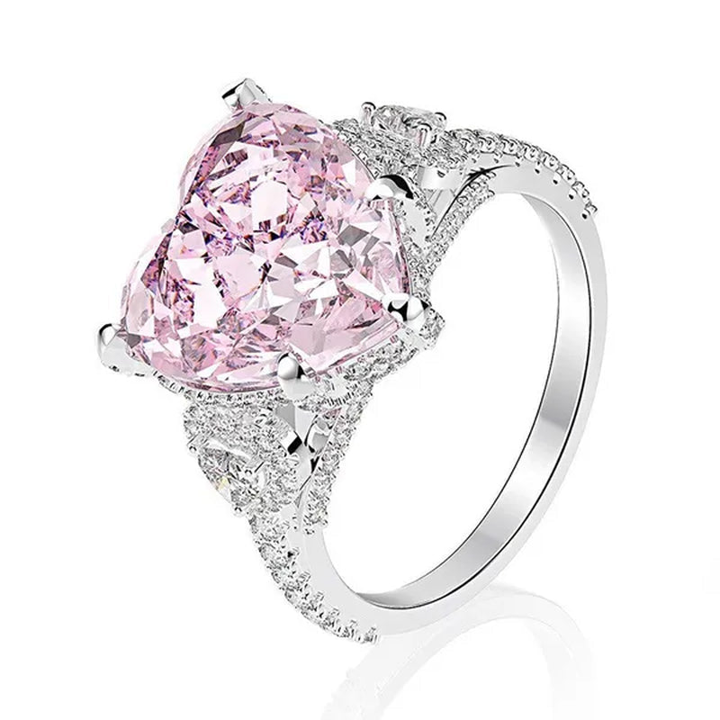 Luxury Silver Plated Simulated Pink Heart-Shaped Lab Diamond Engagement Ring with Side Stones Promise Bridal Ring