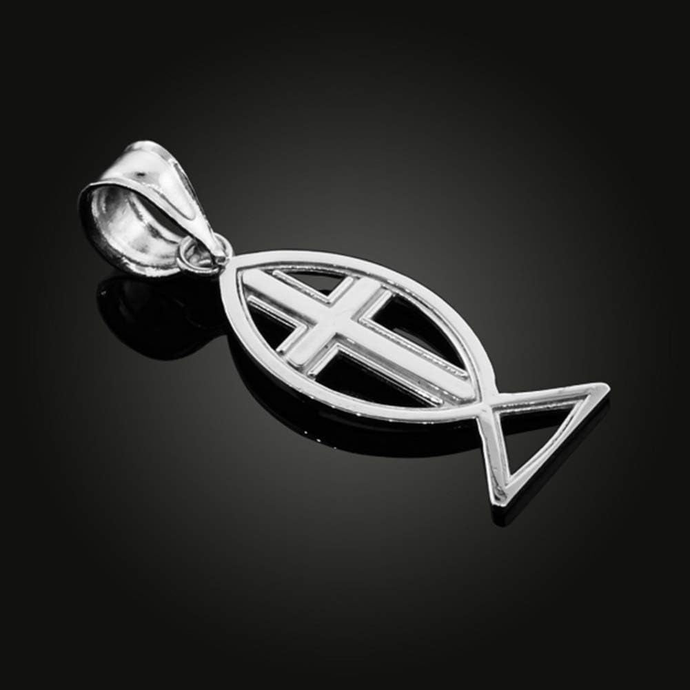 925 Sterling Silver Christian Cross Charm Ichthus Fish Pendant Necklace