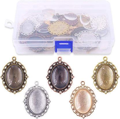 70Pcs Oval Pendant Set, 35Pcs 5 Colors Pendant Trays and 35 Pieces Bright Glass Cabochon Dome Tiles for Bracelet Necklace Crafting DIY Jewelry Gift Making - WORLD TIME VISITS