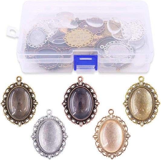 70Pcs Oval Pendant Set, 35Pcs 5 Colors Pendant Trays and 35 Pieces Bright Glass Cabochon Dome Tiles for Bracelet Necklace Crafting DIY Jewelry Gift Making - WORLD TIME VISITS