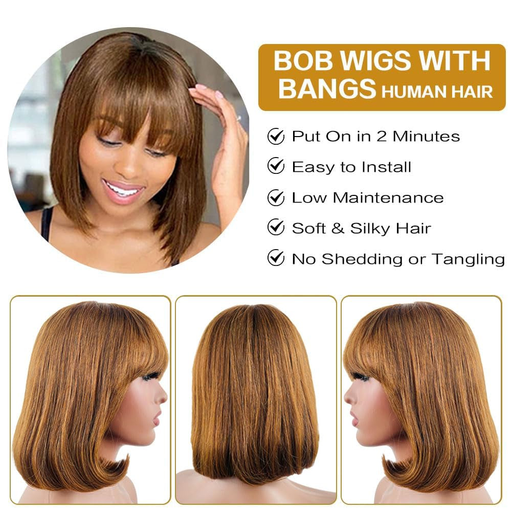 Short Bob Wig with Bangs 10 Inch Brazilian Straight Hair No Lace Front Bob Wig Human Hair Wigs for Black Women Human Hair Glueless Wear and Go Brown Colored