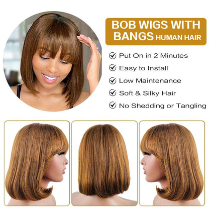 Short Bob Wig with Bangs 10 Inch Brazilian Straight Hair No Lace Front Bob Wig Human Hair Wigs for Black Women Human Hair Glueless Wear and Go Brown Colored
